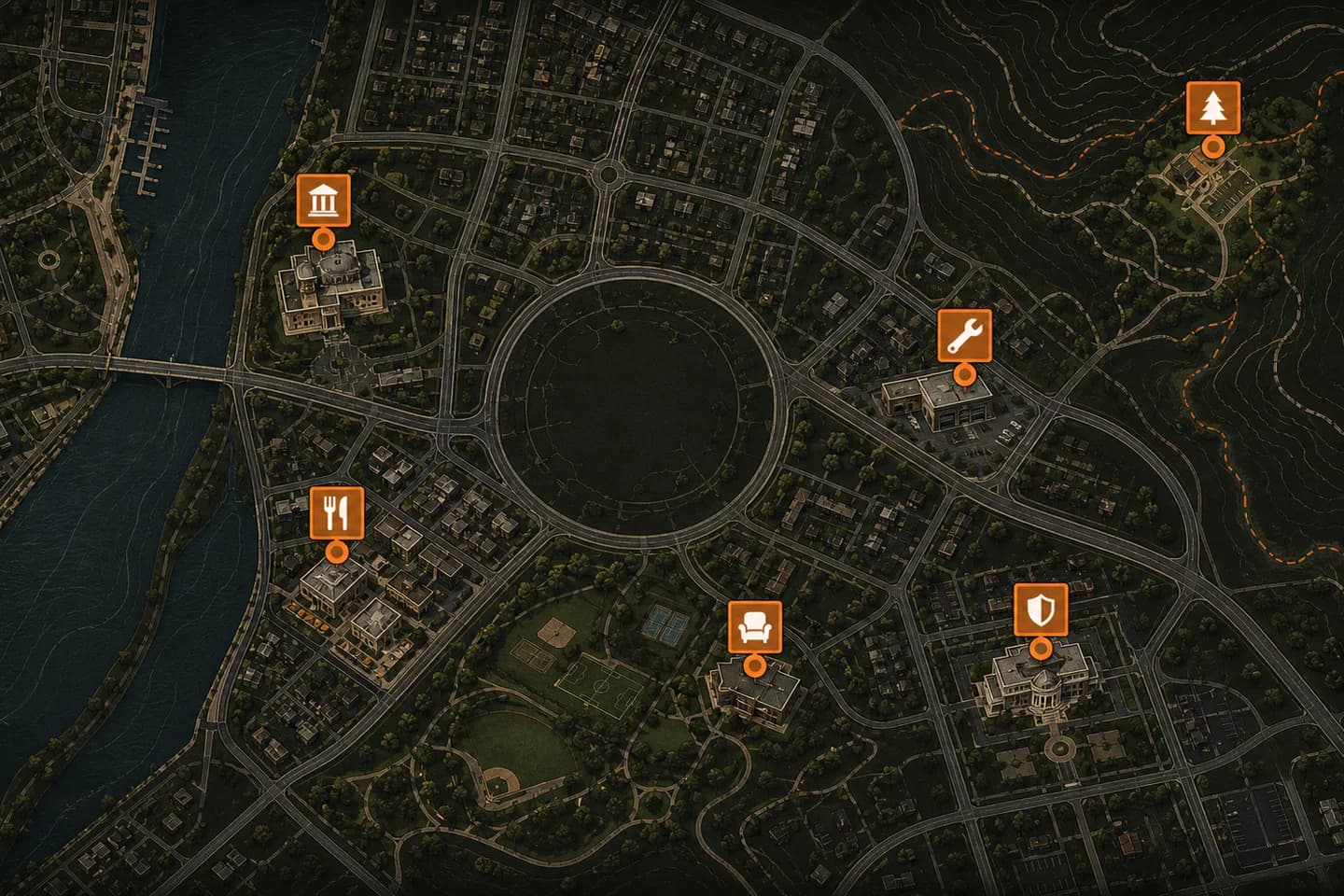 Illustrated dark-mode city map with military discounts and free destinations