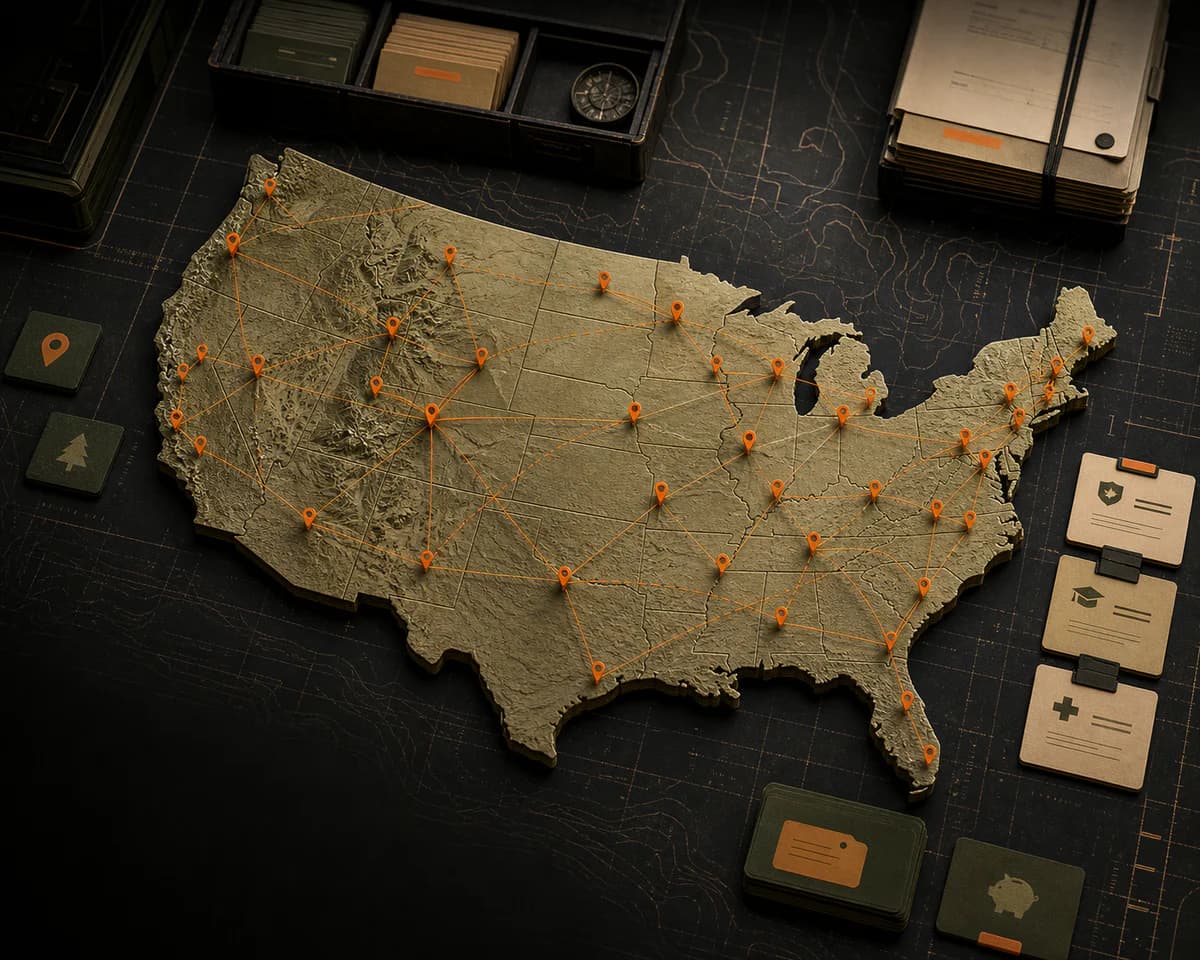 A tactile relief map of the United States connected by military benefit locations
